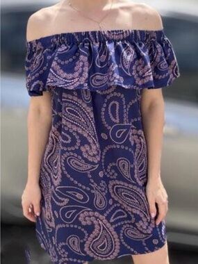 Off-Shoulder Navy Paisley Summer Dress from Primark Size 14